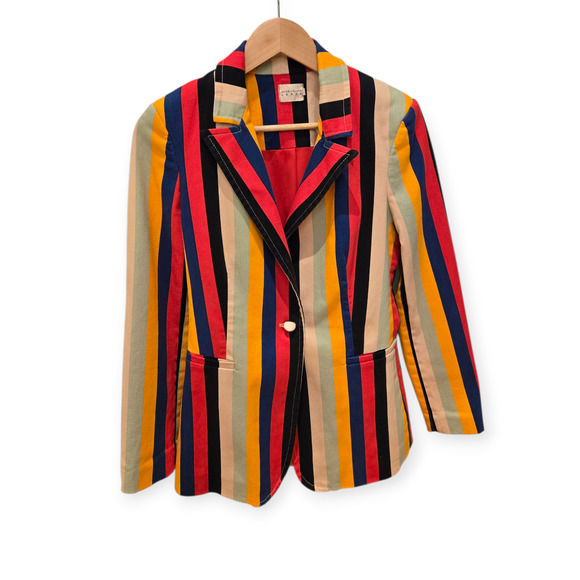 Alice + Olivia Breann Denim Boheme Striped Multi Fitted Blazer Jacket Size 4 - Picture 3 of 15